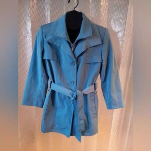Gallery Blue Plaid Trench Raincoat  Career Jacket Size M